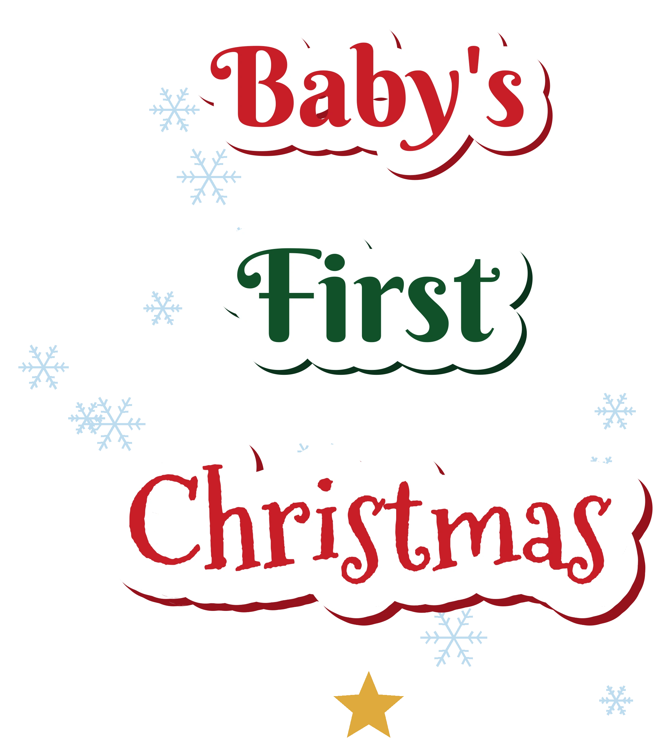 Baby's First Christmas DTF transfer with red and green script and snowflakes