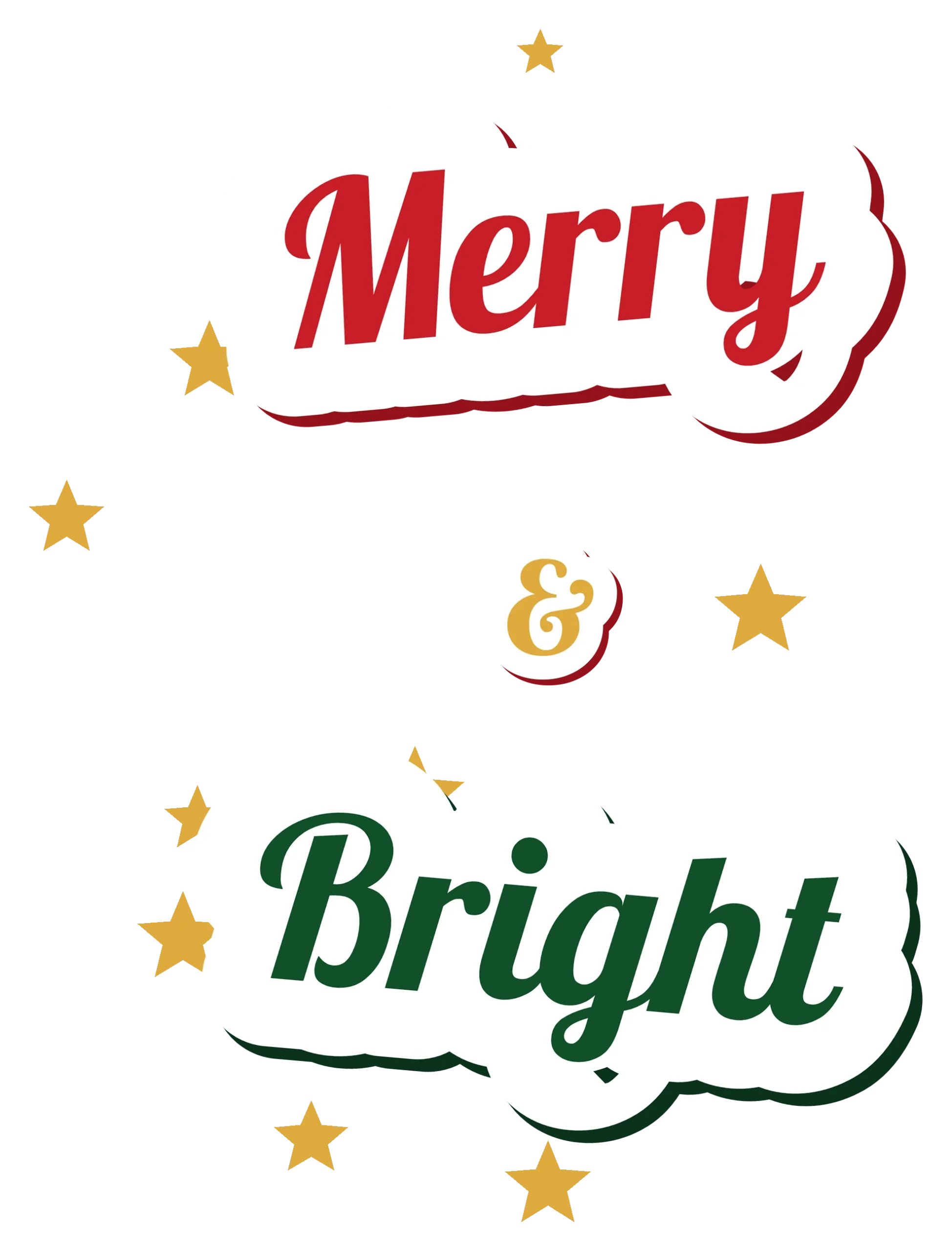 Merry & Bright DTF Transfer, Red and Green Script 1 Merry and Bright DTF transfer with red and green script and gold stars